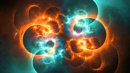 Wall Mural - A celestial fractal with fiery orange and icy turquoise glows. Cosmic forms swirl against a starry backdrop, creating ethereal energy