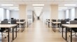 © Purnomo - Blurred office space with rows of desks and chairs illustrating modern design and work environment