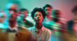 © Parisa - Confident African businesswoman highlighted by flowing teal green and pink motion lines in a rapidly shifting business crowd