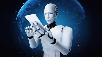 Wall Mural - robot hominoid use mobile phone or tablet for big data analytic using ai thinking brain , artificial