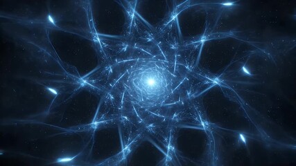 Wall Mural - A glowing blue tunnel of energy converges from all directions into a central, brilliant light. Dark background