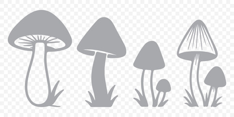 Wall Mural - Mushroom silhouette icons - Set of twelve various mushroom designs for nature and botanical illustrations in Gray Color on Transparent Background. EPS 10.