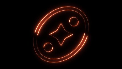 Glowing orange neon abstract geometric shape with star and circles on black background futuristic digital art motion