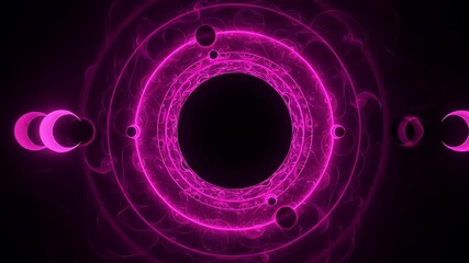 Wall Mural - A glowing, intricate pattern of pink lines and circles, forming rings and crescent shapes against a black backdrop