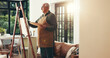 © peopleimages.com - Senior man, painting and canvas for art, drawing process and sketch for artwork. Artist, elderly person and palette with creative design for craft activity, unique piece and retirement hobby in home