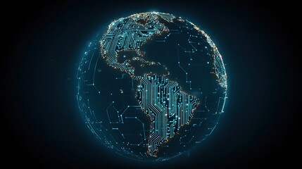 Neon circuit network around planet Earth
