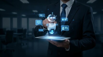 Businessman interacts with futuristic AI chatbot interface on a tablet
