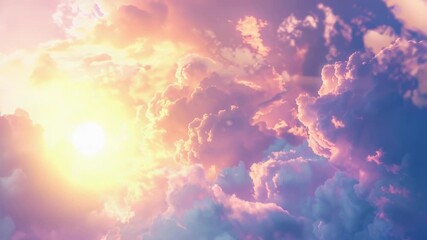 Wall Mural - an airplane flies through fluffy white clouds as the sun sets in the background