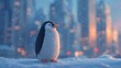 © Sajida - Enormous penguin wearing snowboard goggles sliding past skyscrapers, cartoonish snow flurries, cool-toned bokeh