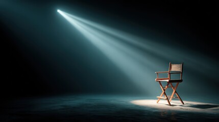 A director's chair is illuminated by a single bright spotlight. Use this picture to show success, dreams, or taking center stage.