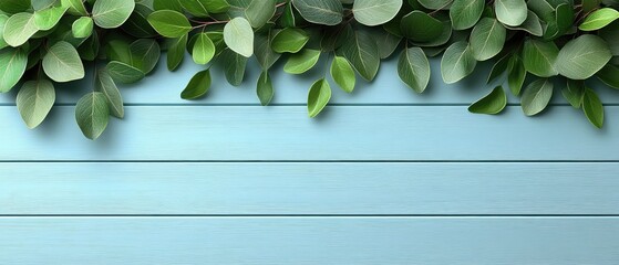 Wall Mural - Fresh leaves on light blue wood