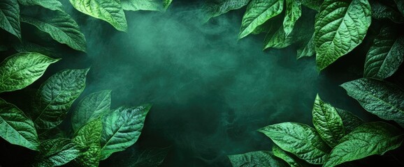 Wall Mural - Lush green leaves frame a misty, shadowy space