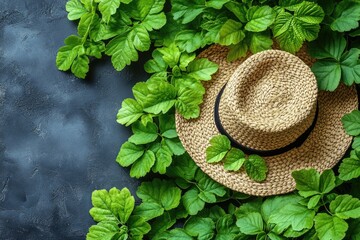 Wall Mural - Summer hat nestled in lush green foliage against a dark, textured background