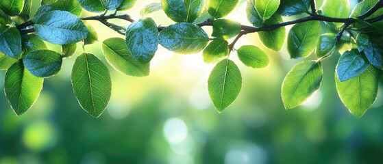 Wall Mural - Lush green leaves hang from a branch, softly lit