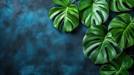 Wall Mural - Monstera leaves on a textured blue background create a natural, vibrant scene