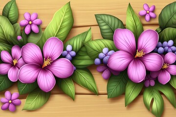 Wall Mural - Pink blossoms with green leaves on light wooden panels