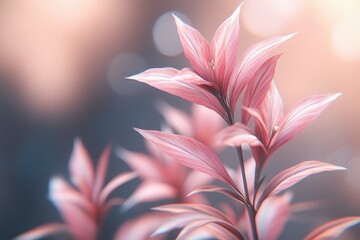 Wall Mural - Pink leaf plant with white stripes, bokeh background