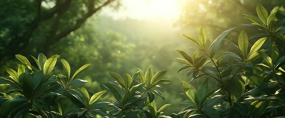 Wall Mural - Verdant plants in sunlight gleam against a blurred, lush green backdrop