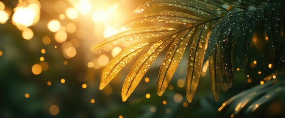 Wall Mural - Palm frond with bokeh. Sun glistens on the leaves, reflecting golden light
