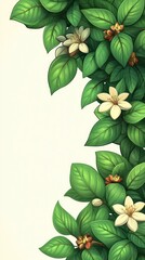Wall Mural - Lush green foliage with delicate flowers and small orange buds against a cream backdrop