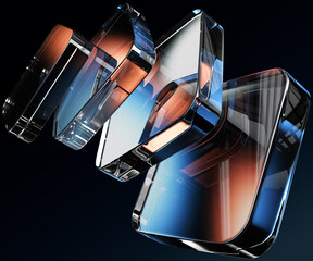 Wall Mural - abstract black 3d background with glass transparent square plate shapes row render. iridescent cryst