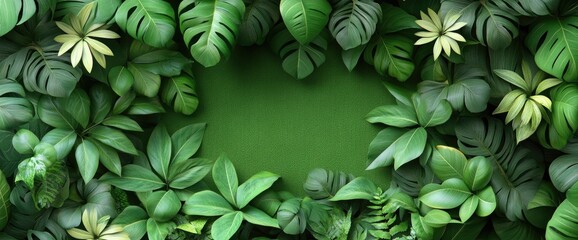 Wall Mural - Lush green tropical leaves frame a textured green backdrop