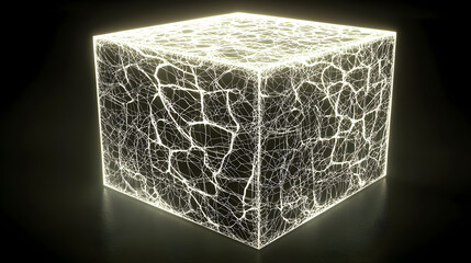 Glowing,  networked cube,  illuminated from within,  complex  structure