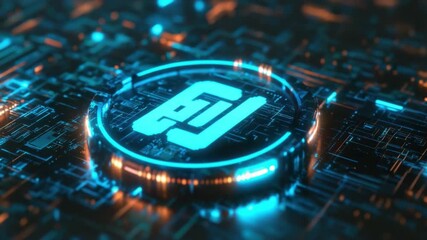 Wall Mural - futuristic digital circuit background featuring abstract neon logo design with blue and orange light