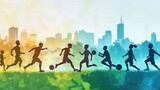 A montage showcasing silhouettes of individuals of all ages participating in sports, The background includes parks and community centers with a cityscape in the distance, symbolizing lifelong fitness.