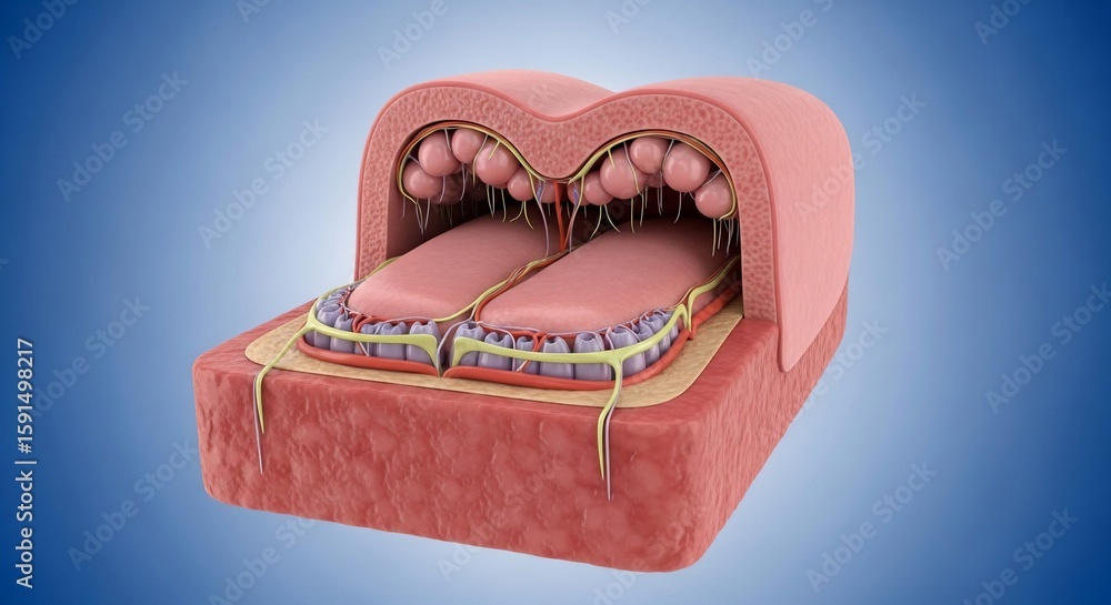 Detailed Cross-section of Human Skin Showing Hair Follicles and Layers ...
