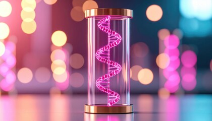 Wall Mural - a glowing dna helix encased in a glass cylinder, set against a backdrop of colorful bokeh lights, sy