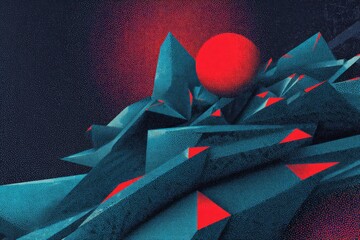 Wall Mural - abstract digital art landscape with geometric shapes, red sun and blue mountains