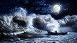© NRF - A lone boat battles monstrous waves under a full moon at night.  A figure rows through tumultuous ocean swells