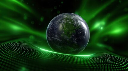 Wall Mural - green energy investment a glowing green planet surrounded by swirling light patterns and digital dot