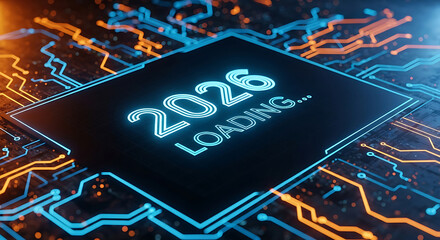 Futuristic microchip design with 2026 loading message represents technology advancements