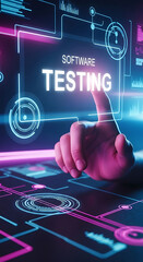 Digital hand touching software testing interface concept highlighting technological application