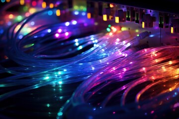 Wall Mural - fiber optic cables transmitting data with glowing multicolored lights, illuminating network infrastr