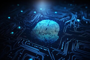 Wall Mural - futuristic circuit board with glowing fingerprint, representing cybersecurity and biometric authenti