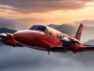 red propeller airplane flying above mountain landscape at sunset, sleek design, smooth clouds, trave