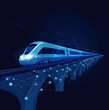 © Perfect Vector - Futuristic polygonal high speed train crossing illuminated rail bridge with network connections digital technology concept blue background vector illustration