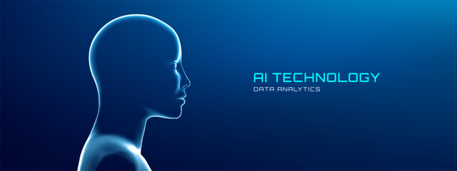 AI avatar head digital face 3D with robot human. Futuristic blue neon scan effect for recognition technology and security concepts. Abstract mesh or particle network designs for cyber intelligence.