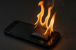 © Ram - Smartphone battery explosion with fire flames, overheating mobile device malfunction, lithium ion power cell burst, technology hazard, fire risk from damaged battery on dark background, electronics fa