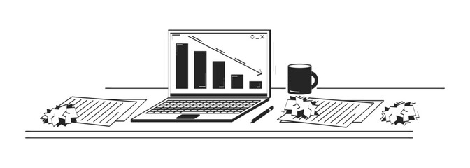 Wall Mural - cluttered desk with declining bar chart on laptop doodle linear object. paper balls, failed project 