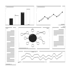 Wall Mural - analytical dashboard with charts and diagrams doodle linear objects set. bar graph, data summary 2d 