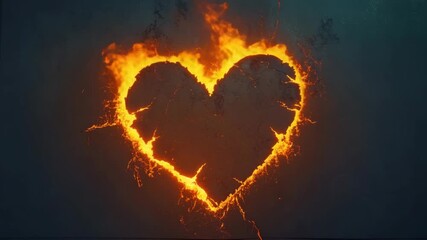Wall Mural - Burning heart shape glowing with fiery orange flame and sparks on dark background, passion and intense emotion with fiery lava cracks, heat and glowing flame igniting love and dark sparks