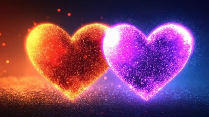 Wall Mural - glowing red and purple hearts sparkle with vibrant light particles creating romantic magical atmosph