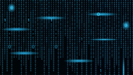  Technology binary blue code on black background, digital binary data and secure data concept