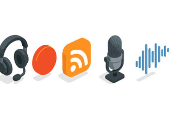 Wall Mural - collection of audio and podcast-related icons representing modern digital communication tools and te