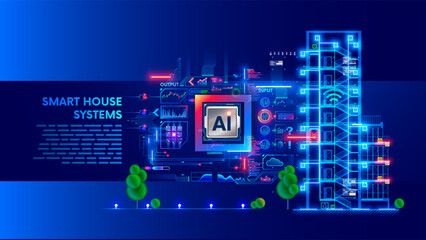 Development AI computer systems of smart building. Engineering of building construction, communication, electricity with AI controls. A drawing of a building surrounded by icons of a smart home system
