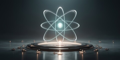 Wall Mural - quantum nuclear energy concept. 3d atomic model with glowing elements on reflective surface